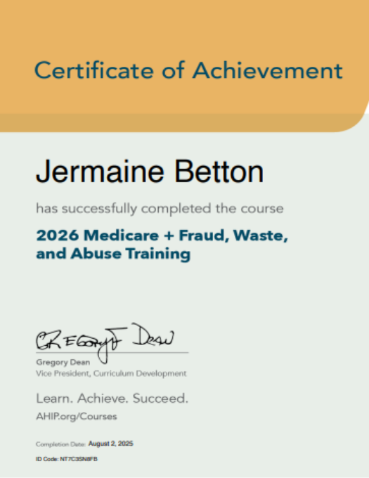 AHIP Certificate - Jermaine Betton